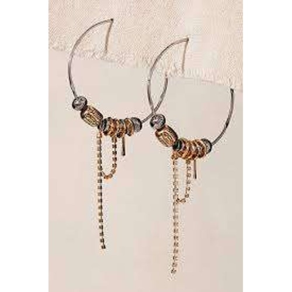 Free People Boho Mixed Metal Hammered Hoop Earrings with Rhinestone Dangles